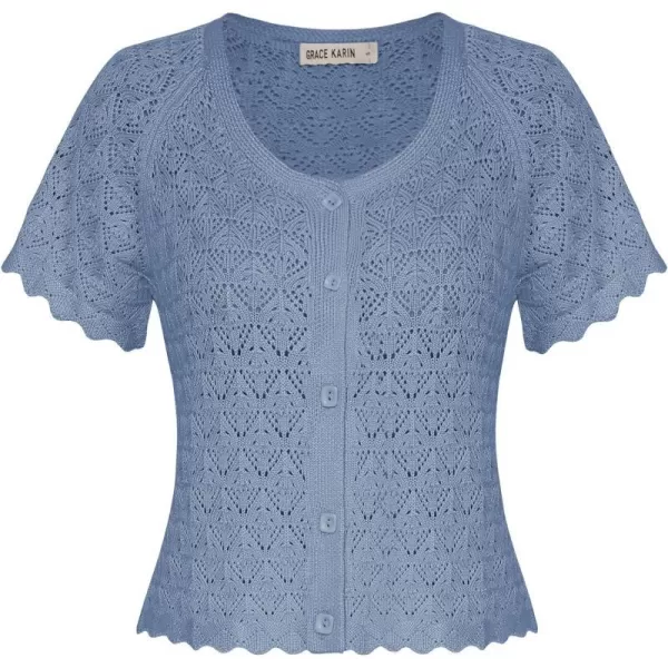 GRACE KARIN 2024 Summer Womens Short Sleeve Crochet Cardigan Shrug Cropped Sweater Bolero Lightweight Knit Button Up TopsBlue