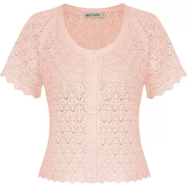 GRACE KARIN 2024 Summer Womens Short Sleeve Crochet Cardigan Shrug Cropped Sweater Bolero Lightweight Knit Button Up TopsPink