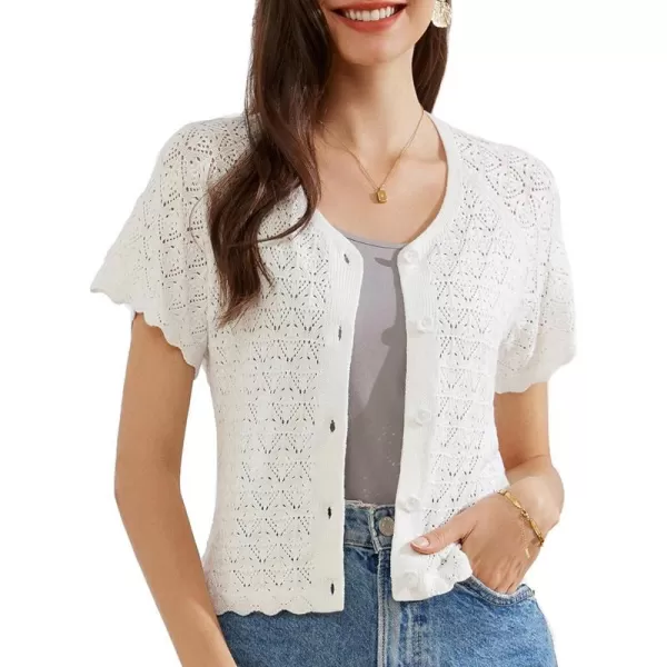 GRACE KARIN 2024 Summer Womens Short Sleeve Crochet Cardigan Shrug Cropped Sweater Bolero Lightweight Knit Button Up TopsWhite