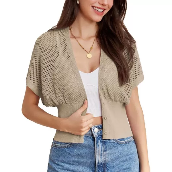 GRACE KARIN 2024 Women Short Sleeve Crochet Cardigan Summer Draped VNeck Bolero Shrug Sweater Hollow Out Beach Cover UpBeige