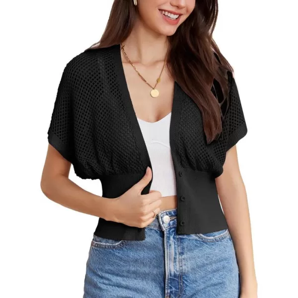 GRACE KARIN 2024 Women Short Sleeve Crochet Cardigan Summer Draped VNeck Bolero Shrug Sweater Hollow Out Beach Cover UpBlack