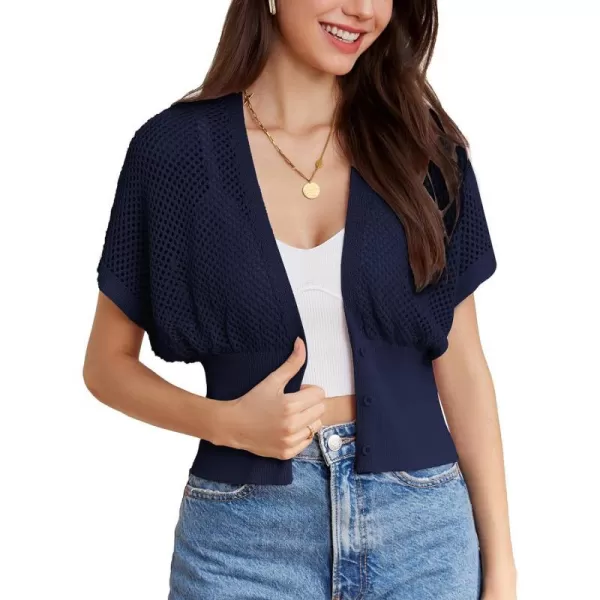 GRACE KARIN 2024 Women Short Sleeve Crochet Cardigan Summer Draped VNeck Bolero Shrug Sweater Hollow Out Beach Cover UpNavy Blue