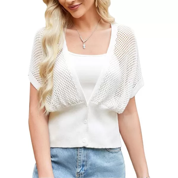 GRACE KARIN 2024 Women Short Sleeve Crochet Cardigan Summer Draped VNeck Bolero Shrug Sweater Hollow Out Beach Cover UpWhite