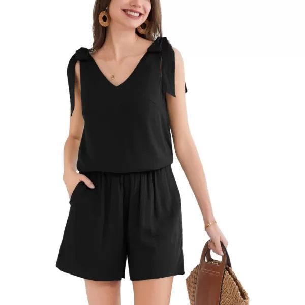 GRACE KARIN 2024 Womens 2 Piece Outfits Summer Short Sets Sleeveless Tie Knot Straps Top and Shorts Cotton Linen SetsBlack