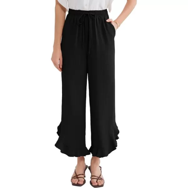 GRACE KARIN 2024 Womens Boho Wide Leg Pants Casual Palazzo Pants High Waisted Beach Flowy Ruffle Trousers with PocketsBlack