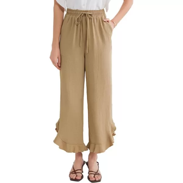 GRACE KARIN 2024 Womens Boho Wide Leg Pants Casual Palazzo Pants High Waisted Beach Flowy Ruffle Trousers with PocketsKhaki