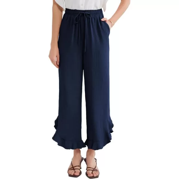 GRACE KARIN 2024 Womens Boho Wide Leg Pants Casual Palazzo Pants High Waisted Beach Flowy Ruffle Trousers with PocketsNavy Blue