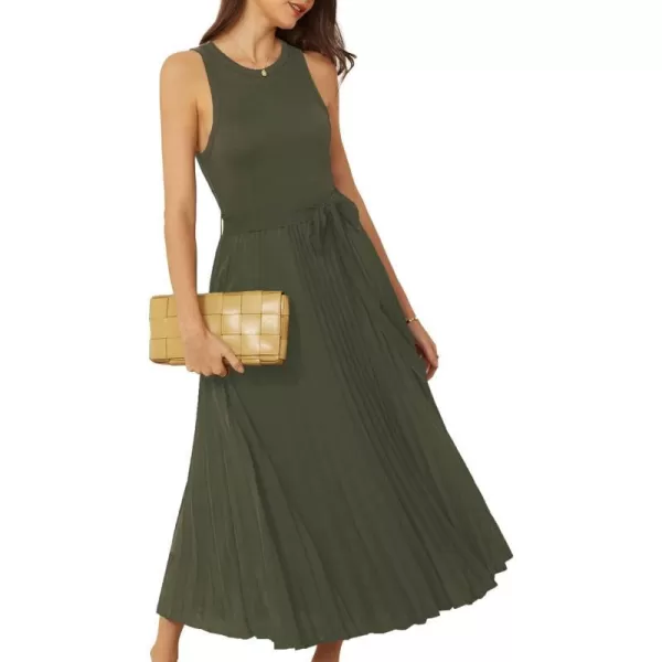 GRACE KARIN 2024 Womens Casual Summer Sleeveless Pleated Flowy Pocket Midi Aline Dresses with BeltArmy Green