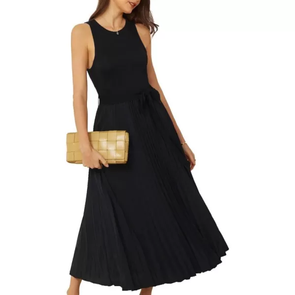 GRACE KARIN 2024 Womens Casual Summer Sleeveless Pleated Flowy Pocket Midi Aline Dresses with BeltBlack