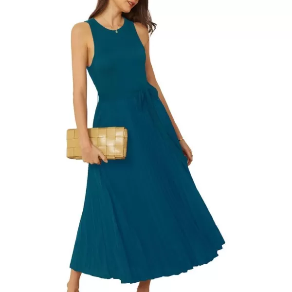 GRACE KARIN 2024 Womens Casual Summer Sleeveless Pleated Flowy Pocket Midi Aline Dresses with BeltBlue Green