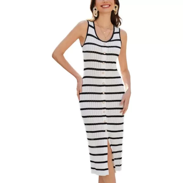 GRACE KARIN 2024 Womens Crochet Sweater Dress Summer Sleeveless Striped Knit Dress Hollow Out Bodycon Tank Midi DressesWhite Black Stripe