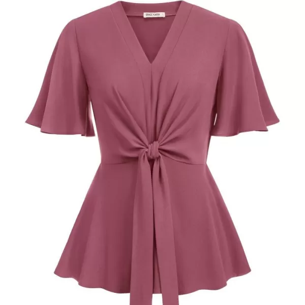 GRACE KARIN 2024 Womens Elegant Peplum Tops V Neck Tie Front Short Bell Sleeve Shirts Tops BlouseDark Pink