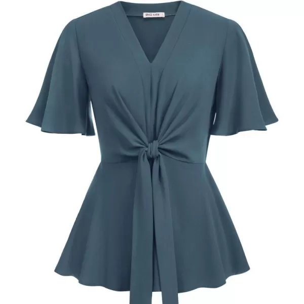 GRACE KARIN 2024 Womens Elegant Peplum Tops V Neck Tie Front Short Bell Sleeve Shirts Tops BlouseGrey Blue