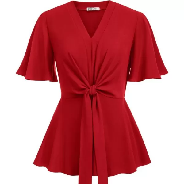 GRACE KARIN 2024 Womens Elegant Peplum Tops V Neck Tie Front Short Bell Sleeve Shirts Tops BlouseRed