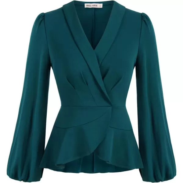 GRACE KARIN 2024 Womens Elegant Tops Long Sleeve Wrap Tops V Neck Formal Work Blouses Dressy ShirtsDark Green