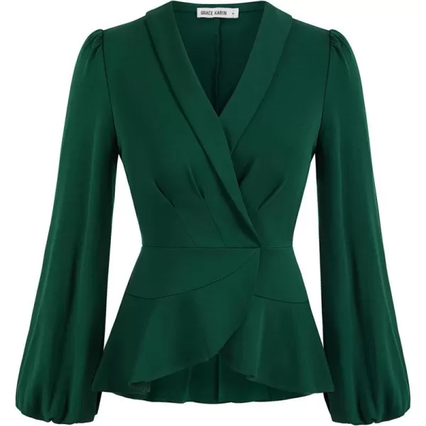 GRACE KARIN 2024 Womens Elegant Tops Long Sleeve Wrap Tops V Neck Formal Work Blouses Dressy ShirtsGreen