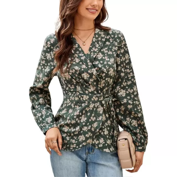 GRACE KARIN 2024 Womens Elegant Tops Long Sleeve Wrap Tops V Neck Formal Work Blouses Dressy ShirtsGreen Floral