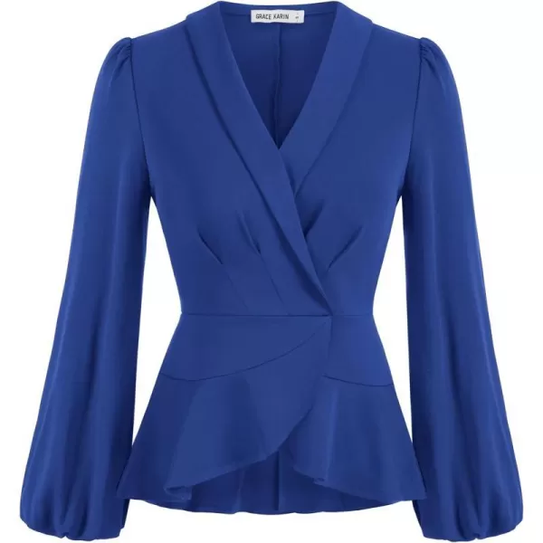 GRACE KARIN 2024 Womens Elegant Tops Long Sleeve Wrap Tops V Neck Formal Work Blouses Dressy ShirtsRoyal Blue