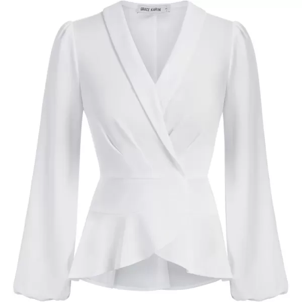 GRACE KARIN 2024 Womens Elegant Tops Long Sleeve Wrap Tops V Neck Formal Work Blouses Dressy ShirtsWhite