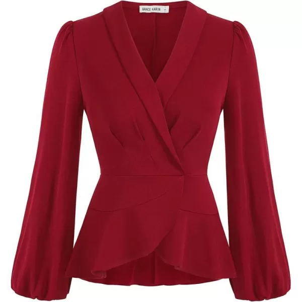 GRACE KARIN 2024 Womens Elegant Tops Long Sleeve Wrap Tops V Neck Formal Work Blouses Dressy ShirtsWine Red