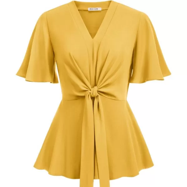 GRACE KARIN 2024 Womens Elegant V Neck Peplum Tops Tie Front Short Bell Sleeve Shirts Tops BlouseYellow