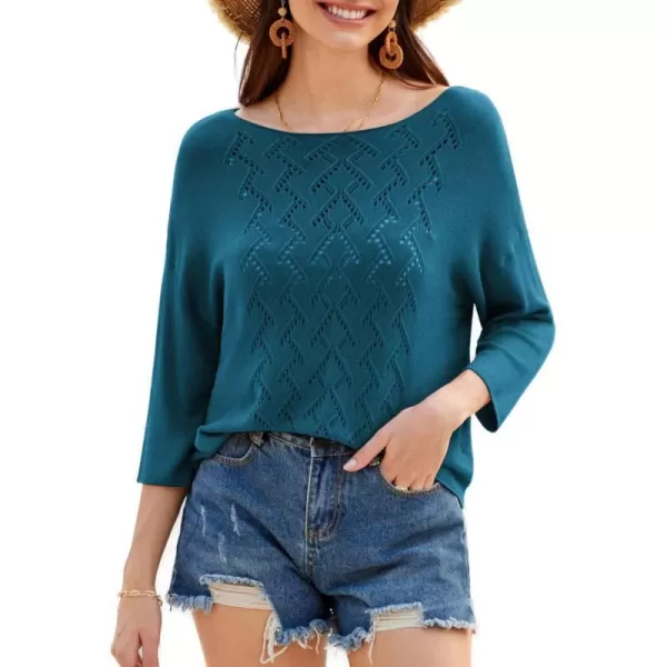 GRACE KARIN 2024 Womens HollowOut 34 Sleeve Lightweight Sweater Boat Neck Off The Shoulder Sweater Crochet TopDenim Blue