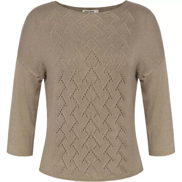 GRACE KARIN 2024 Womens HollowOut 34 Sleeve Lightweight Sweater Boat Neck Off The Shoulder Sweater Crochet TopKhaki