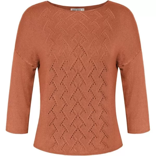 GRACE KARIN 2024 Womens HollowOut 34 Sleeve Lightweight Sweater Boat Neck Off The Shoulder Sweater Crochet TopRust Red