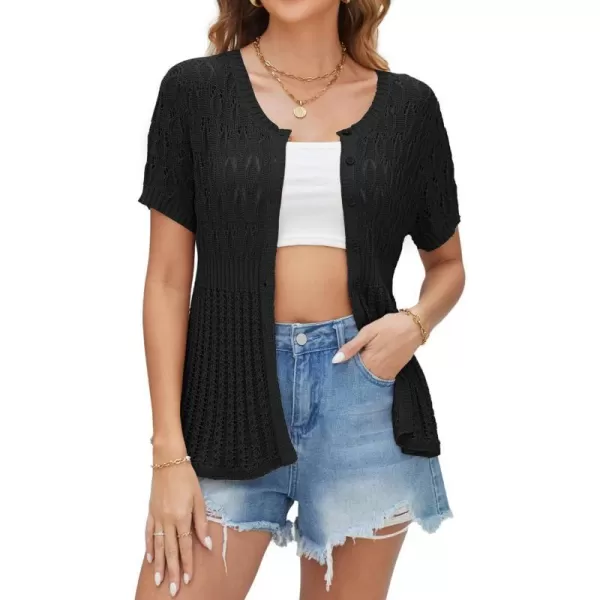 GRACE KARIN 2024 Womens Lightweight Short Sleeve Crochet Open Front Shrug Cardigan SweatersBlack