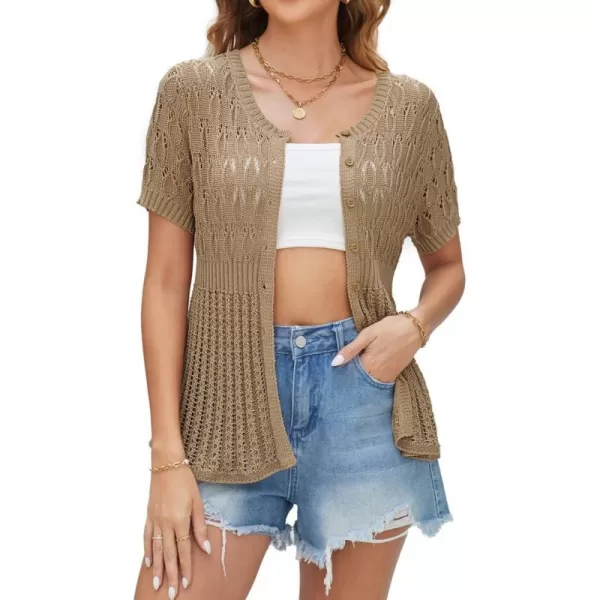 GRACE KARIN 2024 Womens Lightweight Short Sleeve Crochet Open Front Shrug Cardigan SweatersKhaki