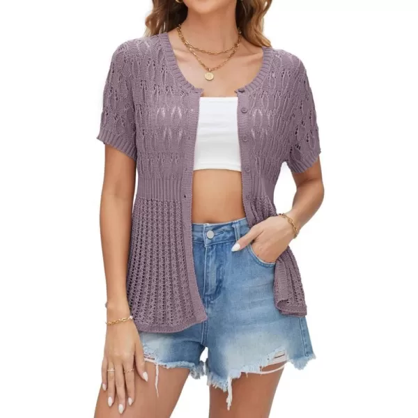 GRACE KARIN 2024 Womens Lightweight Short Sleeve Crochet Open Front Shrug Cardigan SweatersPurple