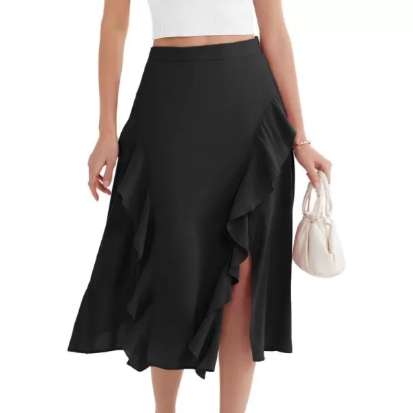 GRACE KARIN 2024 Womens Midi Skirts Elegant Ruffle High Waist Flared ALine Split Summer Beach SkirtBlack