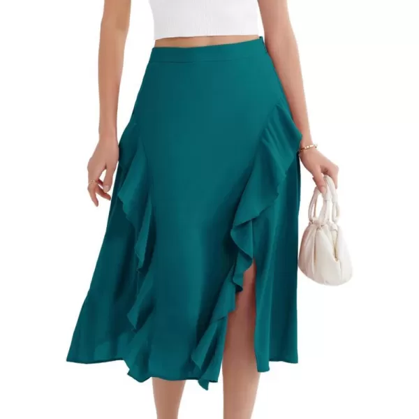 GRACE KARIN 2024 Womens Midi Skirts Elegant Ruffle High Waist Flared ALine Split Summer Beach SkirtBlue Green