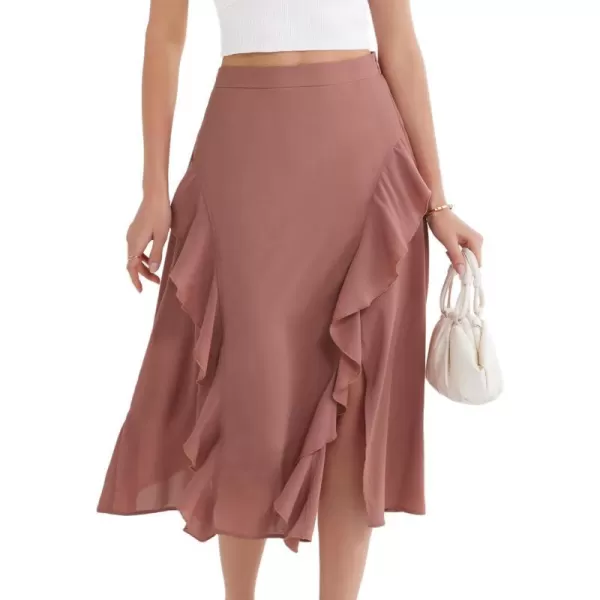 GRACE KARIN 2024 Womens Midi Skirts Elegant Ruffle High Waist Flared ALine Split Summer Beach SkirtOrange