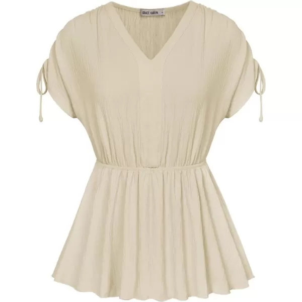 GRACE KARIN 2024 Womens Peplum Tops Elegant Drawstring Short Sleeve V Neck Dressy Casual Business Work Blouses Shirt TopsBeige