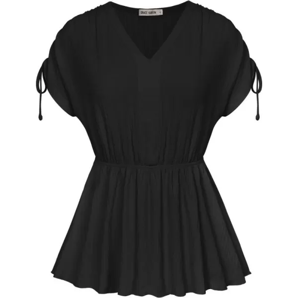 GRACE KARIN 2024 Womens Peplum Tops Elegant Drawstring Short Sleeve V Neck Dressy Casual Business Work Blouses Shirt TopsBlack