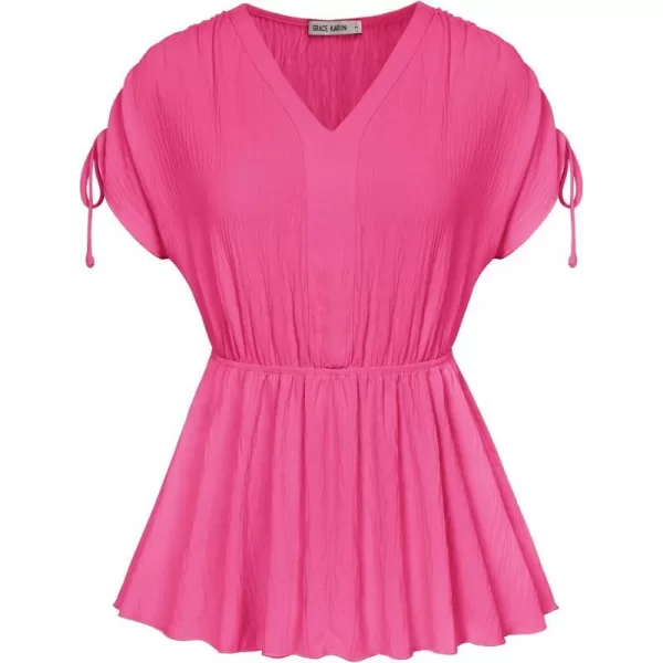 GRACE KARIN 2024 Womens Peplum Tops Elegant Drawstring Short Sleeve V Neck Dressy Casual Business Work Blouses Shirt TopsHot Pink