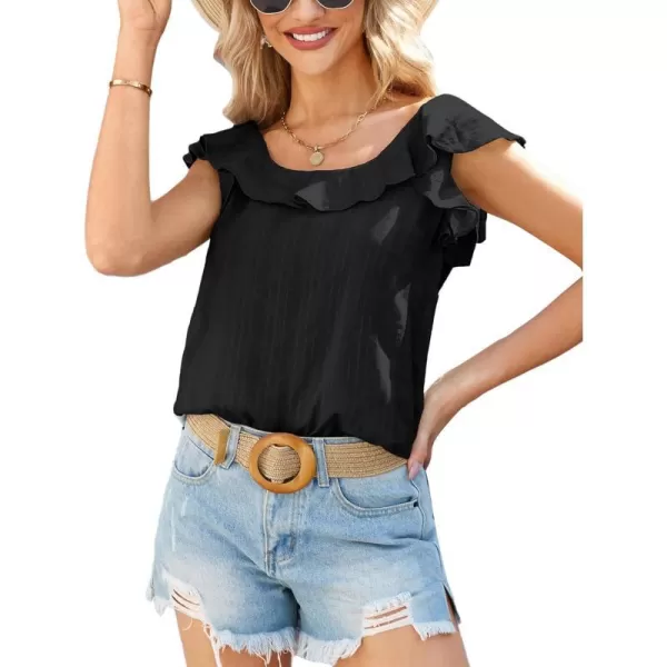 GRACE KARIN 2024 Womens Ruffle Summer Tops Square Neck Sleeveless Tank Top Casual Cap Sleeve Shirts Cotton BlouseBlack