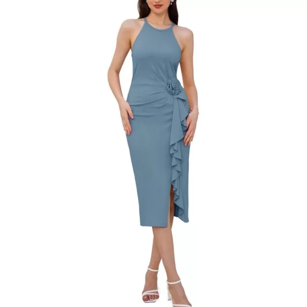 GRACE KARIN 2024 Womens Sexy Halter Bodycon Dress Sleeveless Split Wedding Guest Bridesmaid Midi Dress with Rose DetailGray Blue