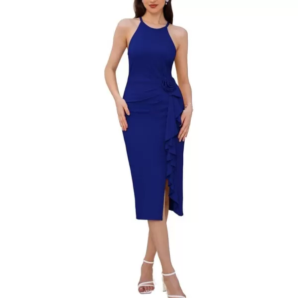 GRACE KARIN 2024 Womens Sexy Halter Bodycon Dress Sleeveless Split Wedding Guest Bridesmaid Midi Dress with Rose DetailRoyal Blue