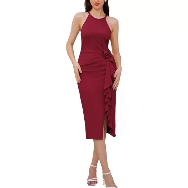 GRACE KARIN 2024 Womens Sexy Halter Bodycon Dress Sleeveless Split Wedding Guest Bridesmaid Midi Dress with Rose DetailWine Red