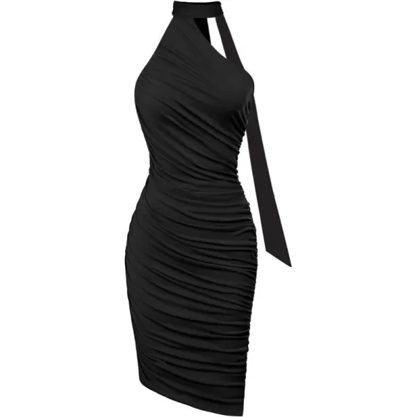 GRACE KARIN 2024 Womens Sexy Ruched Bodycon Dress Tie Halter Neck Asymmetrical Hem Sleeveless Midi Cocktail DressesBlack