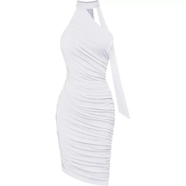 GRACE KARIN 2024 Womens Sexy Ruched Bodycon Dress Tie Halter Neck Asymmetrical Hem Sleeveless Midi Cocktail DressesBright White