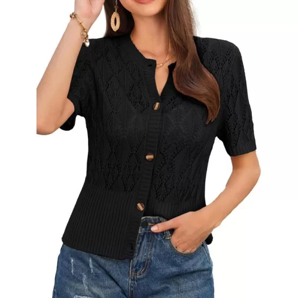 GRACE KARIN 2024 Womens Short Sleeve Cropped Cardigan Summer Lightweight Button Down Sweater Crochet Knit Bolero ShrugsBlack