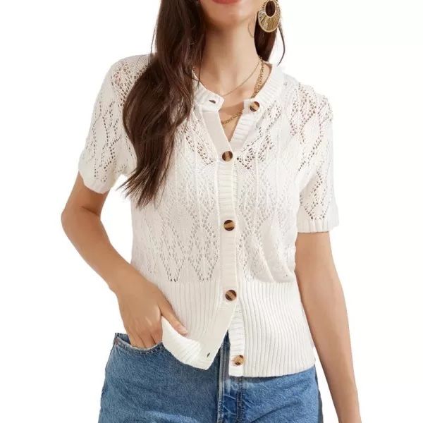 GRACE KARIN 2024 Womens Short Sleeve Cropped Cardigan Summer Lightweight Button Down Sweater Crochet Knit Bolero ShrugsCream White