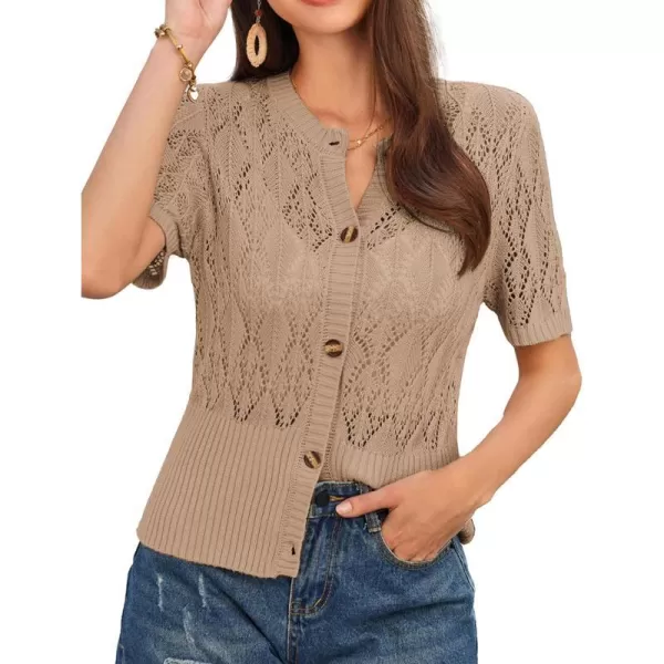 GRACE KARIN 2024 Womens Short Sleeve Cropped Cardigan Summer Lightweight Button Down Sweater Crochet Knit Bolero ShrugsKhaki