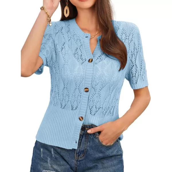 GRACE KARIN 2024 Womens Short Sleeve Cropped Cardigan Summer Lightweight Button Down Sweater Crochet Knit Bolero ShrugsLight Blue