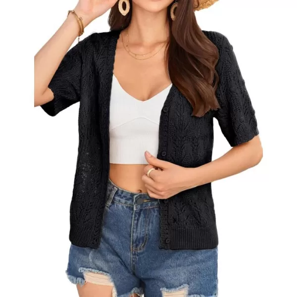 GRACE KARIN 2024 Womens Short Sleeve V Neck Cardigans Sweaters Open Front Knit Crochet Button Bolero Shrugs TopsBlack