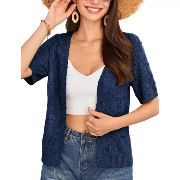 GRACE KARIN 2024 Womens Short Sleeve V Neck Cardigans Sweaters Open Front Knit Crochet Button Bolero Shrugs TopsDark Blue