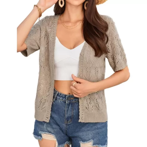 GRACE KARIN 2024 Womens Short Sleeve V Neck Cardigans Sweaters Open Front Knit Crochet Button Bolero Shrugs TopsKhaki